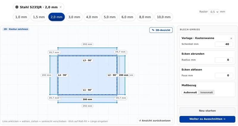 Teile-Designer im Browser: Kastenwanne 300 × 200 mm aus Stahl S235JR 2,0 mm mit vier Kantlinien in der 2D-Ansicht, rechts die Vorlagen-Maße