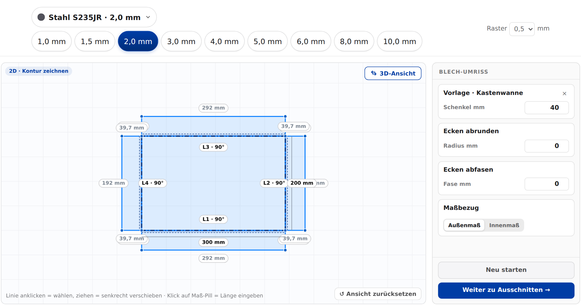 Teile-Designer im Browser: Kastenwanne 300 × 200 mm aus Stahl S235JR 2,0 mm mit vier Kantlinien in der 2D-Ansicht, rechts die Vorlagen-Maße